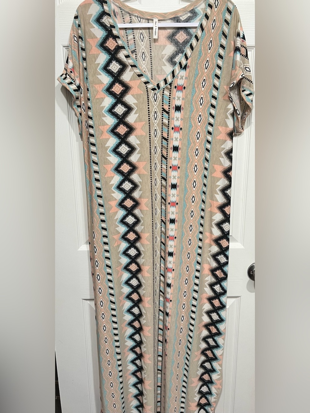 Now N Forever Neutral Aztec-Print V-Neck Maxi Dress in Beige and Pastel